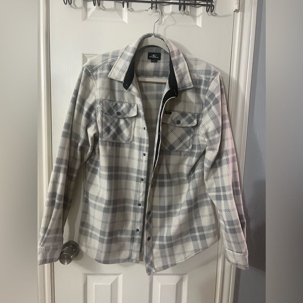 O'Neill Mens Plaid Utility Jacket in Gray and Cream